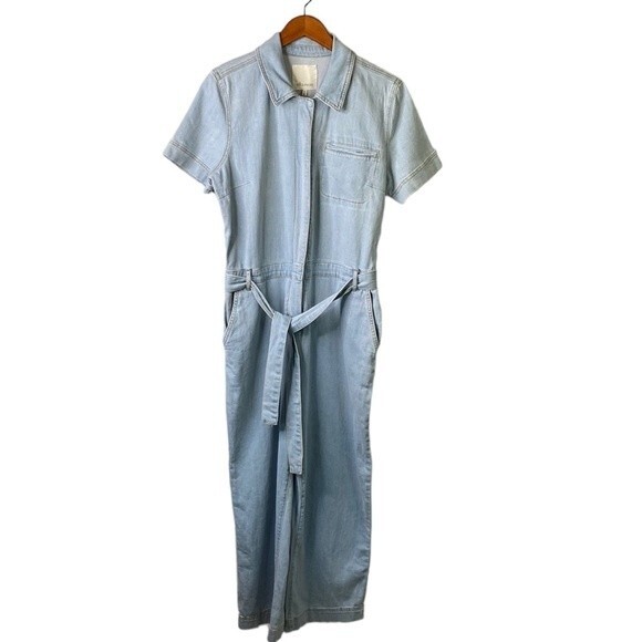 Ella Moss Belted Denim Short Sleeve Cropped Wide Leg Jumpsuit Relaxed Fit - Picture 4 of 16